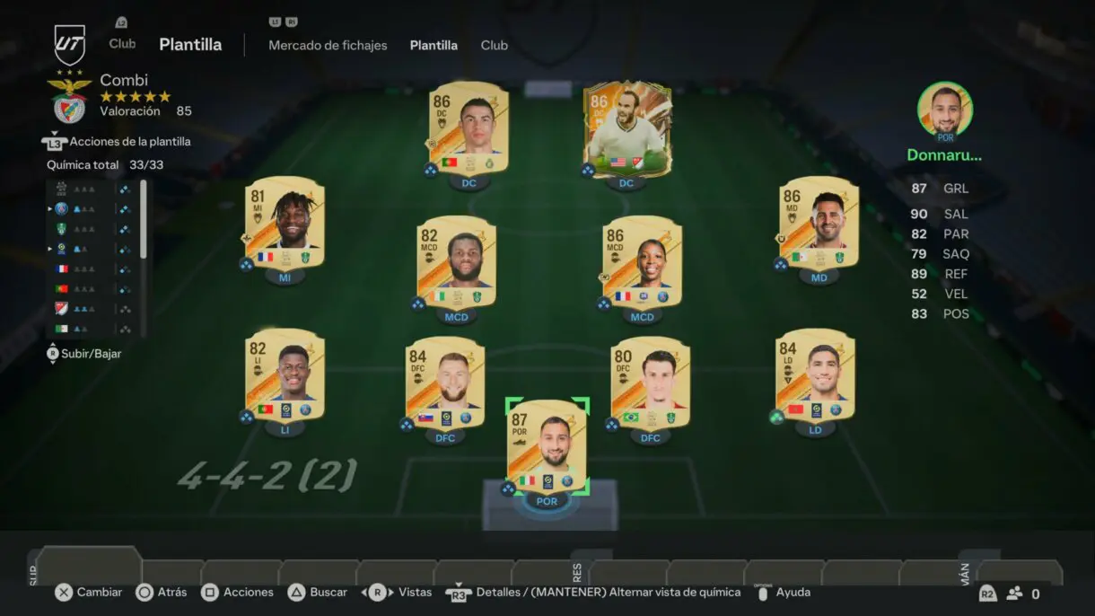 Plantilla EA Sports FC 24 Ultimate Team con cartas oro Donnarumma, Hakimi, Ibáñez, Mendes, Mahrez, Geyoro, Kessié, Saint-Maximin y Ronaldo junto a Donovan Héroes