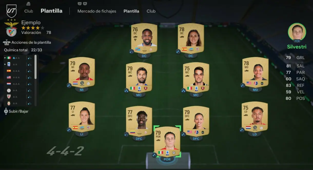 Once EA Sports FC 24 Ultimate Team con cartas oro de Silvestri, Rensch, Edmonds, Sánchez, Nevado, Ryan, Maggiore, Candreva, Bergwijn, Nahikari y Bakambu