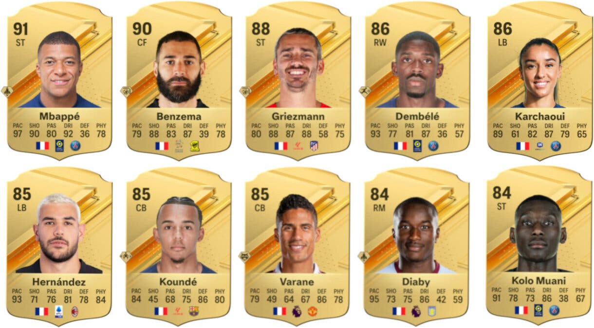 Cartas oro Mbappé, Benzema, Griezmann, Dembélé, Karchaoui, Hernández, Koundé, Varane, Diaby y Kolo Muani (Francia) EA Sports FC 24 Ultimate Team