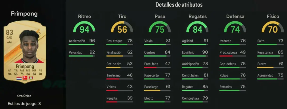 Stats in game Frimpong oro EA Sports FC 24 Ultimate Team