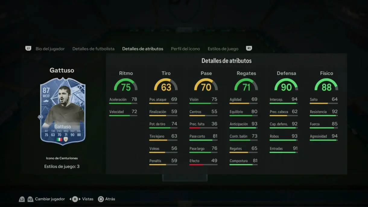 Stats in game Gattuso Icono de Centurions EA Sports FC 24 Ultimate Team