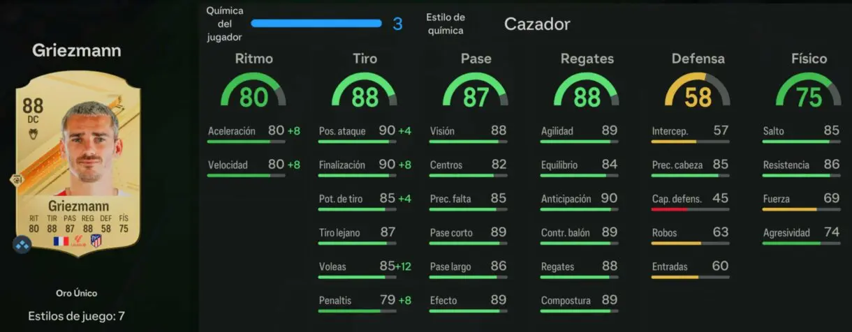 Stats in game Griezmann oro EA Sports FC 24 Ultimate Team