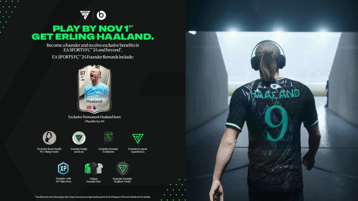 Diseño anunciando que la carta de Haaland será una de las recompensas del grupo fundador en EA Sports FC 24 Ultimate Team