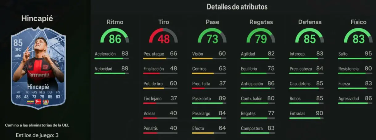 Stats in game Hincapié RTTK 85 EA Sports FC 24 Ultimate Team