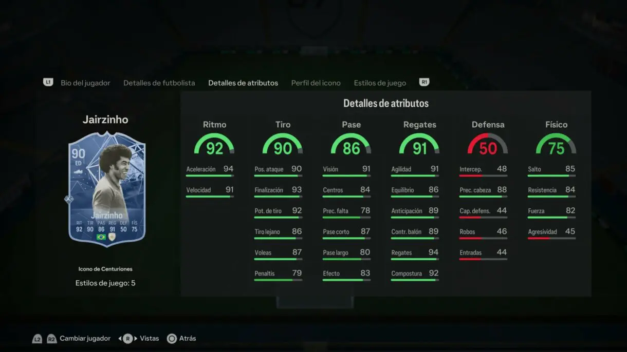 Stats in game Jairzinho Icono de Centurions EA Sports FC 24 Ultimate Team