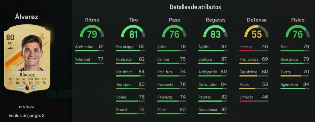 Stats in game Julián Álvarez oro EA Sports FC 24 Ultimate Team