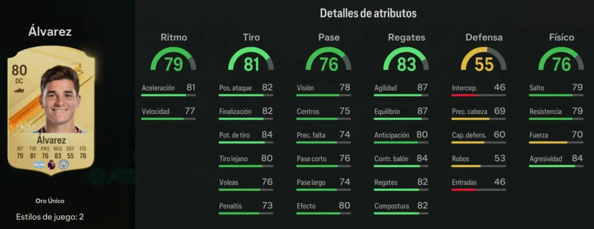 Stats in game Julián Álvarez oro EA Sports FC 24 Ultimate Team