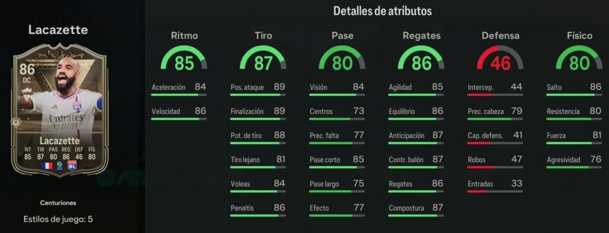 Stats in game Lacazette Centuriones EA Sports FC 24 Ultimate Team