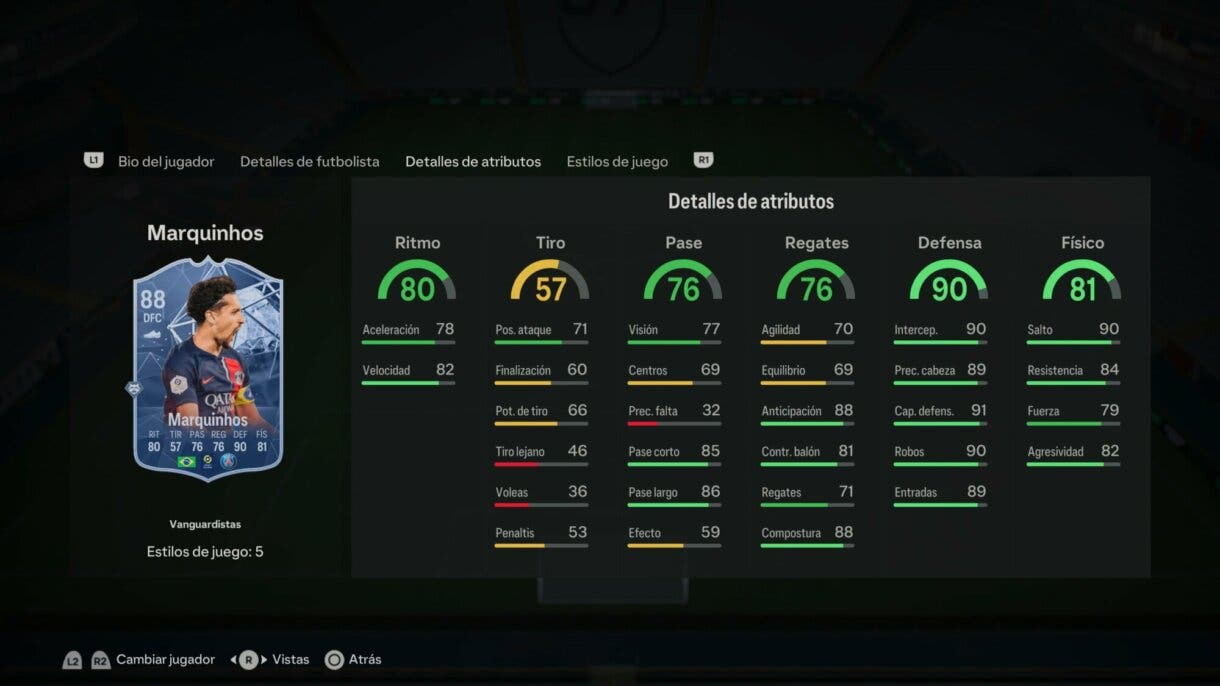 Stats in game Marquinhos Trailblazers EA Sports FC 24 Ultimate Team