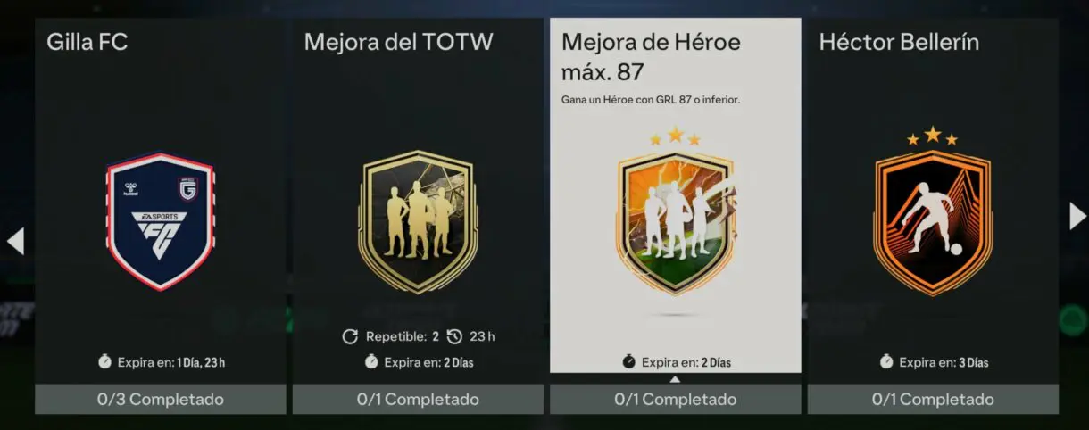 Apartado general de SBC´s mostrando la Mejora de Héroe máx. 87 EA Sports FC 24 Ultimate Team