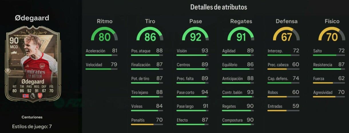 Stats in game Odegaard Centuriones EA Sports FC 24 Ultimate Team