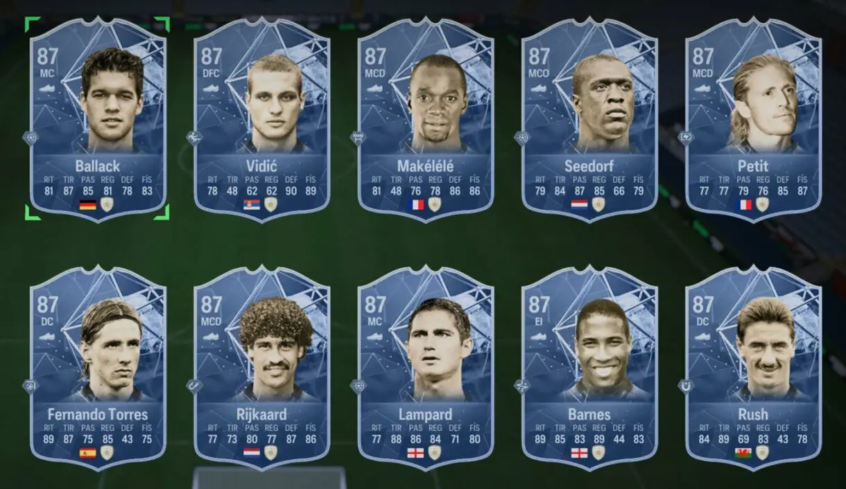 Cartas Icono Ballack, Vidic, Makélélé, Seedorf, Petit, Torres, Rijkaard, Lampard, Barnes y Rush EA Sports FC 24 Ultimate Team
