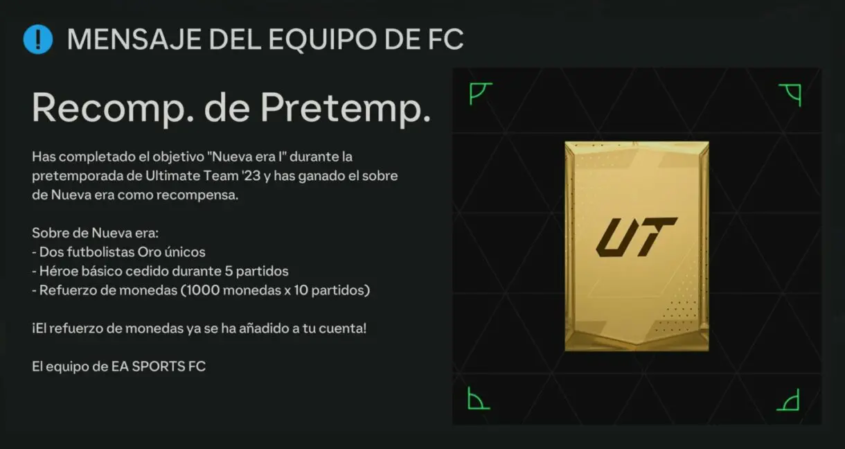Mensaje del equipo de EA Sports FC avisando sobre que una de las recompensas de Pre-Season ya está disponible EA Sports FC 24 Ultimate Team