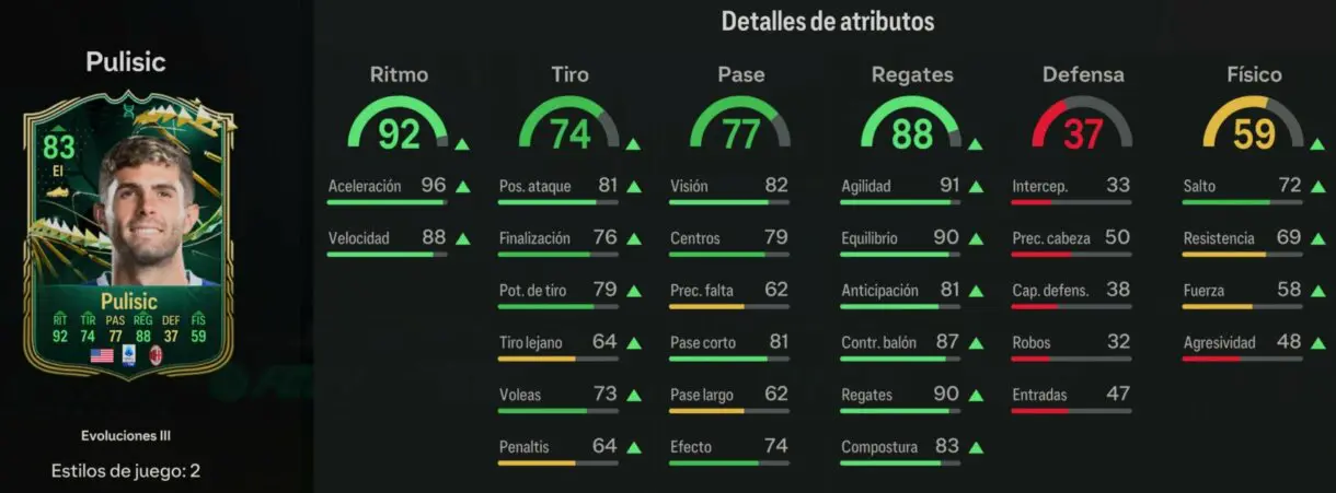 Stats in game Pulisic tras realizar la Evolución Extremo con ritmo completa EA Sports FC 24 Ultimate Team