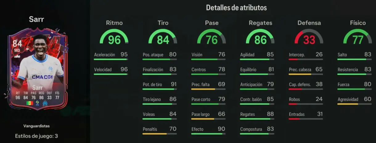Stats in game Sarr Trailblazers EA Sports FC 24 Ultimate Team