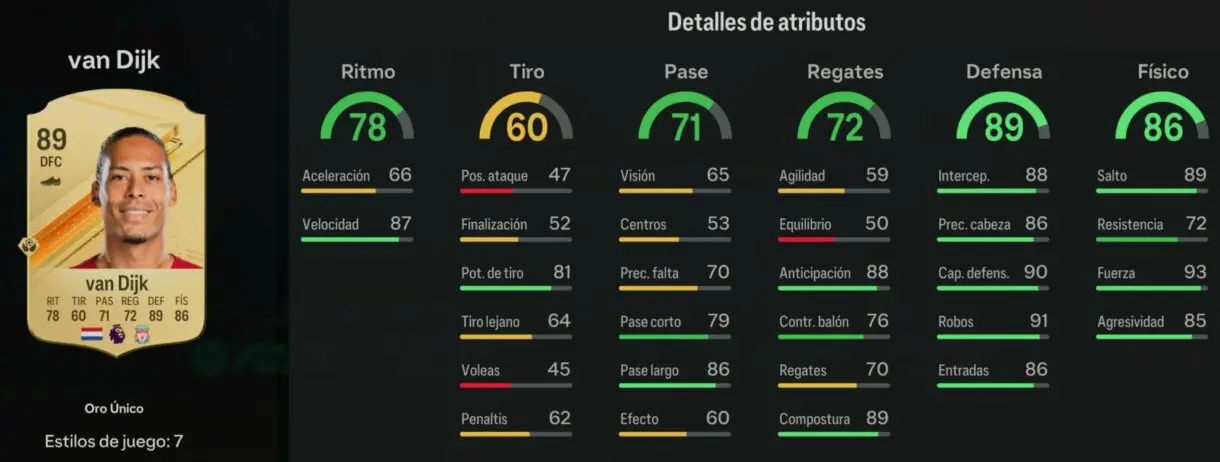 Stats in game Van Dijk oro EA Sports FC 24 Ultimate Team
