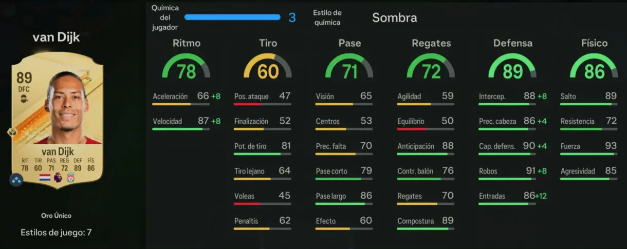 Stats in game van Dijk oro EA Sports FC 24 Ultimate Team