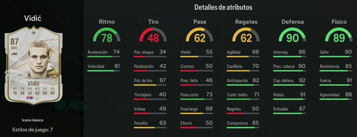 Stats in game Vidic Icono básico EA Sports FC 24 Ultimate Team