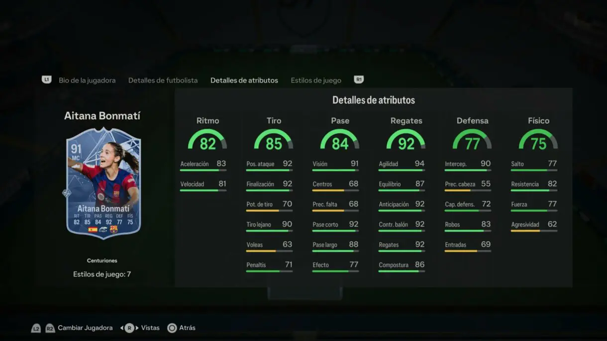 Stats in game Aitana Bonmatí Centuriones EA Sports FC 24 Ultimate Team
