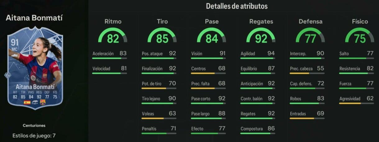 Stats in game Aitana Bonmatí Centuriones EA Sports FC 24 Ultimate Team