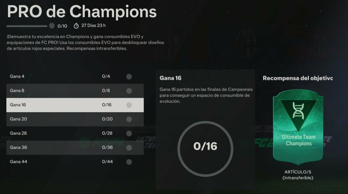 Objetivos Pro de Champions mostrando el artículo EVO del objetivo Gana 16 EA Sports FC 24 Ultimate Team