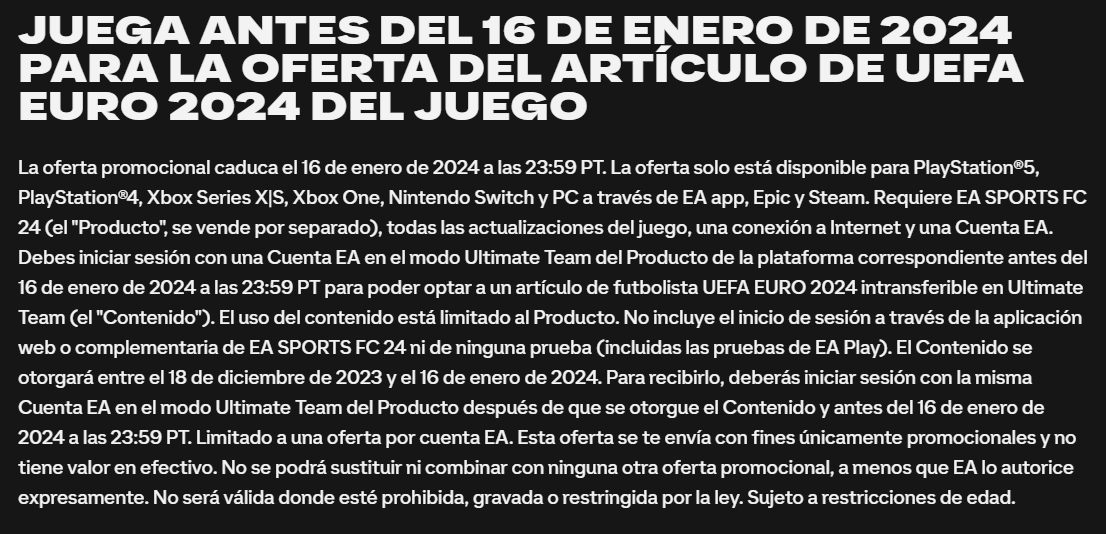 Captura del párrafo con la información de la oferta del artículo de UEFA EURO 2020 para EA Sports FC 24 Ultimate Team