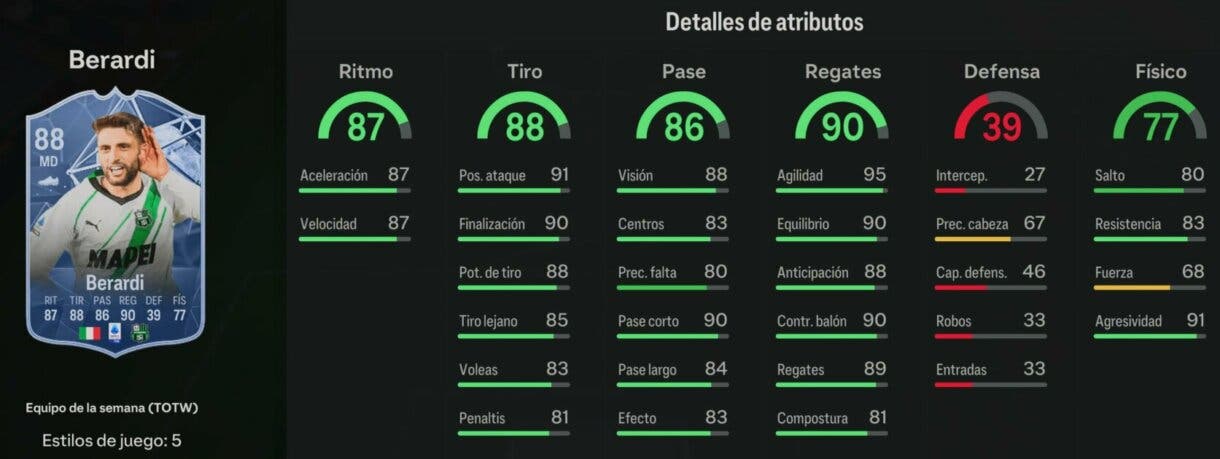 Stats in game Berardi SIF EA Sports FC 24 Ultimate Team