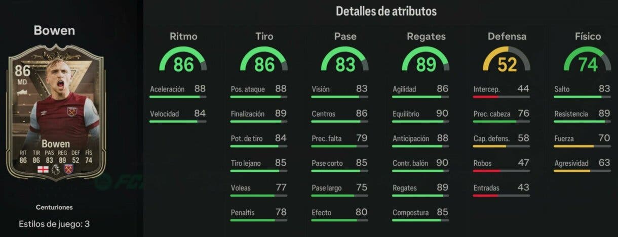 Stats in game Bowen Centuriones EA Sports FC 24 Ultimate Team
