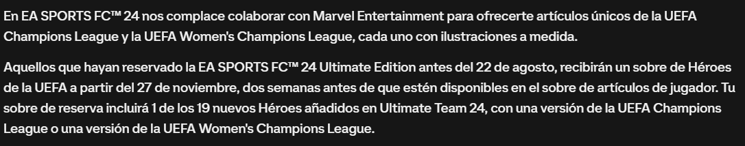 Captura párrafo que explica que los Héroes de la UEFA de EA Sports FC 24 Ultimate Team aparecerán a salir en sobres normales dos semanas después de que entregen el sobre de la reserva