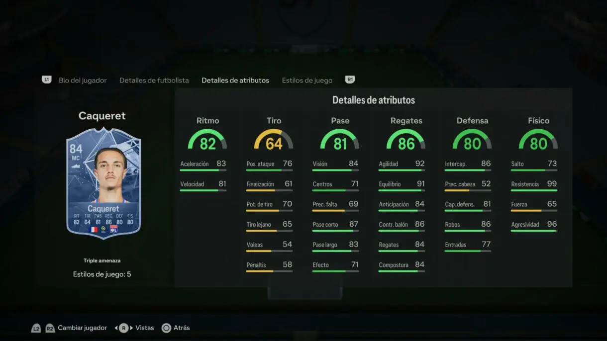 Stats in game Caqueret Héroe de triple amenaza EA Sports FC 24 Ultimate Team