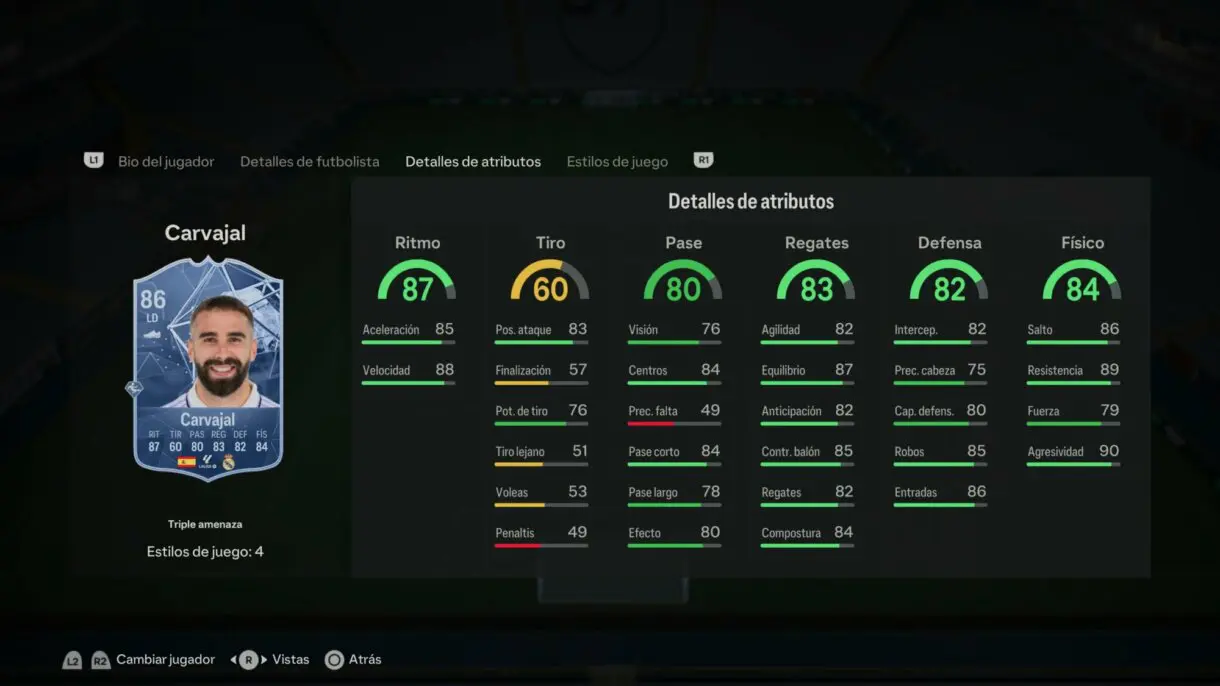 Stats in game Carvajal Héroe de triple amenaza EA Sports FC 24 Ultimate Team
