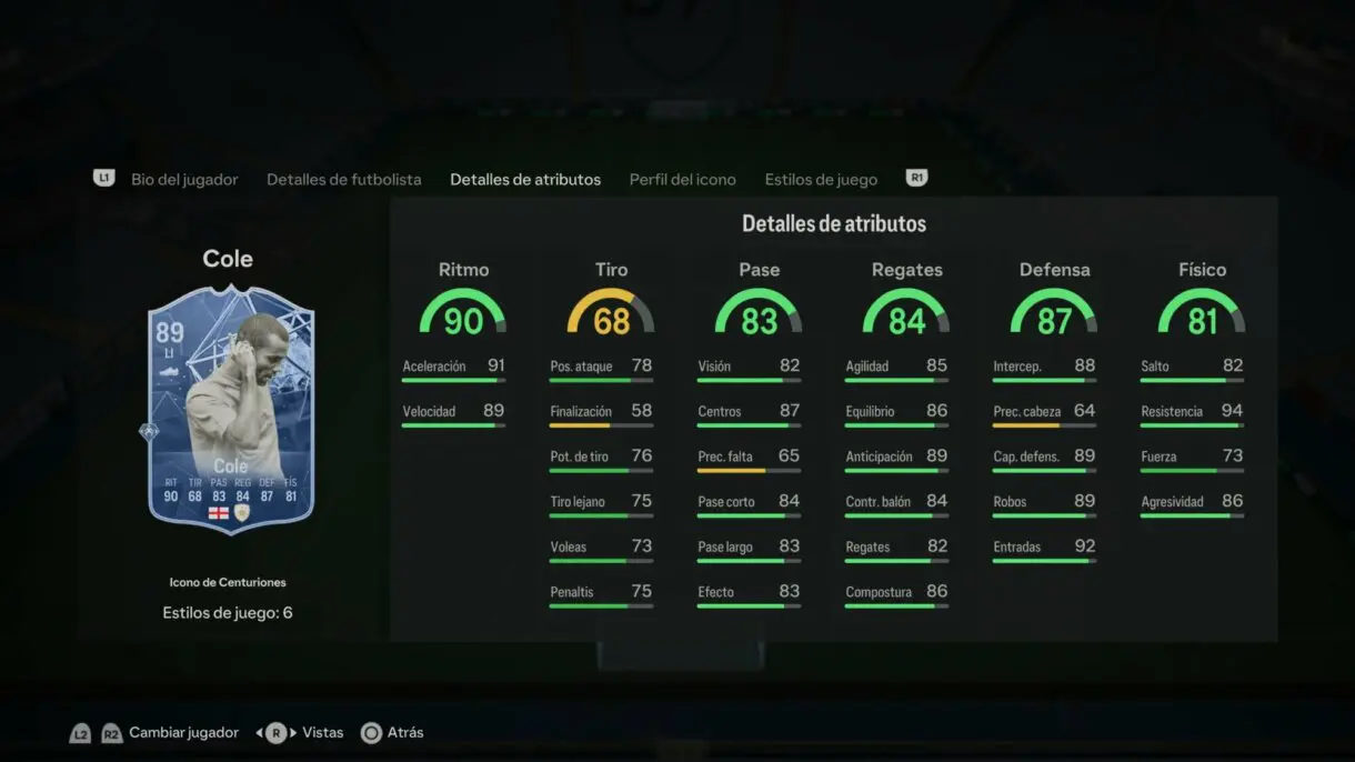 Stats in game Cole Icono Centuriones EA Sports FC 24 Ultimate Team