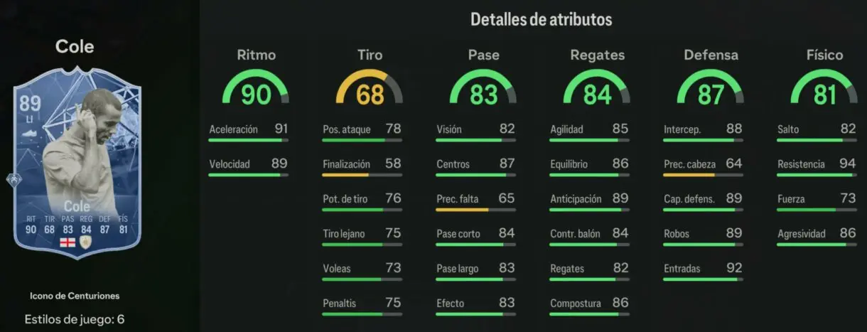 Stats in game Cole Icono de Centuriones EA Sports FC 24 Ultimate Team