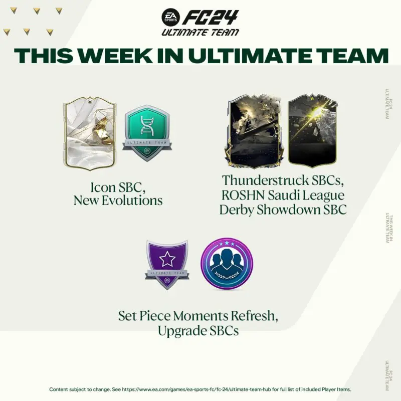 Diseño sobre algunos de los contenidos que estarán disponibles esta semana (27 de noviembre a 3 de diciembre) en EA Sports FC 24 Ultimate Team
