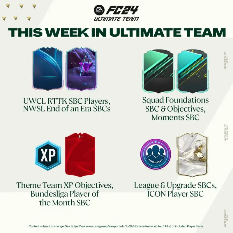Diseño sobre algunos de los contenidos que estarán disponibles esta semana (13 de noviembre a 19) en EA Sports FC 24 Ultimate Team