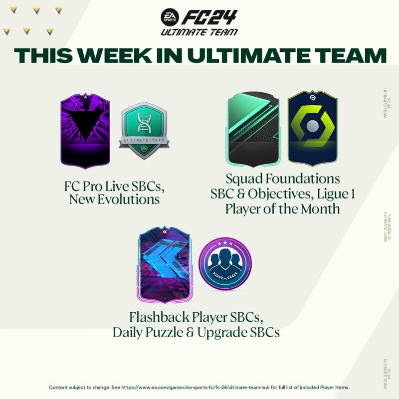 Diseño sobre algunos de los contenidos que estarán disponibles esta semana (20 de noviembre a 26) en EA Sports FC 24 Ultimate Team