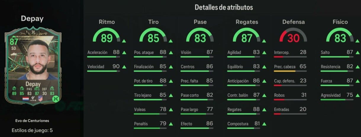 Stats in game Depay Evo de Centuriones EA Sports FC 24 Ultimate Team