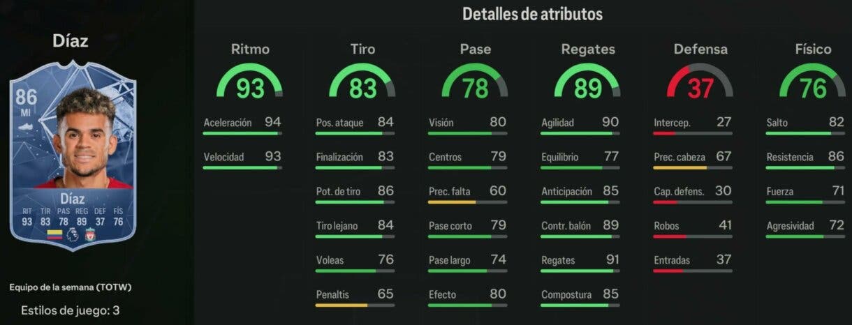 Stats in game Luis Díaz IF EA Sports FC 24 Ultimate Team