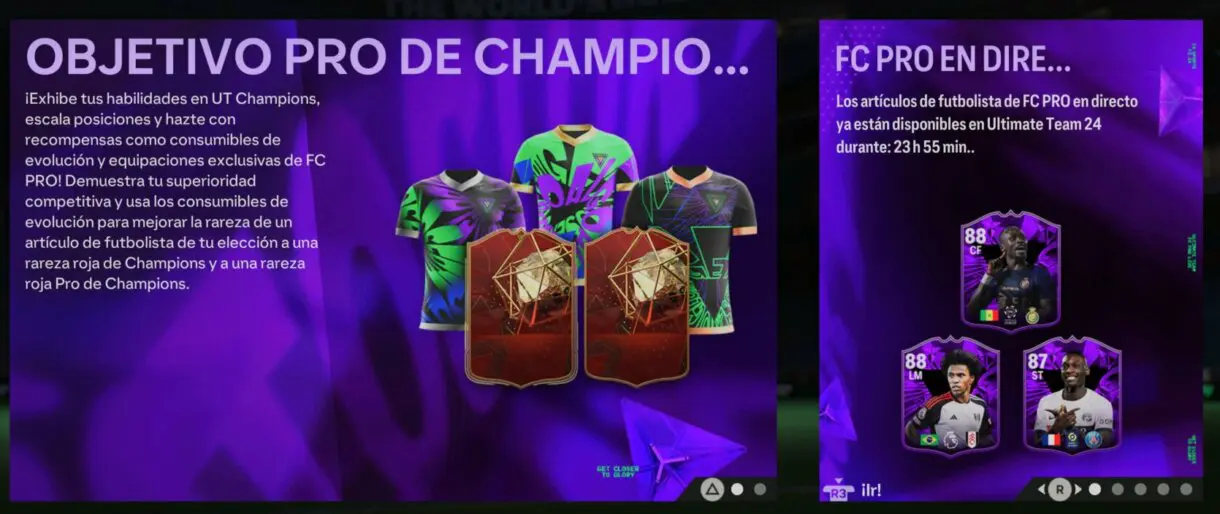 Noticias menú EA Sports FC 24 Ultimate Team informando sobre los objetivos Pro de Champions