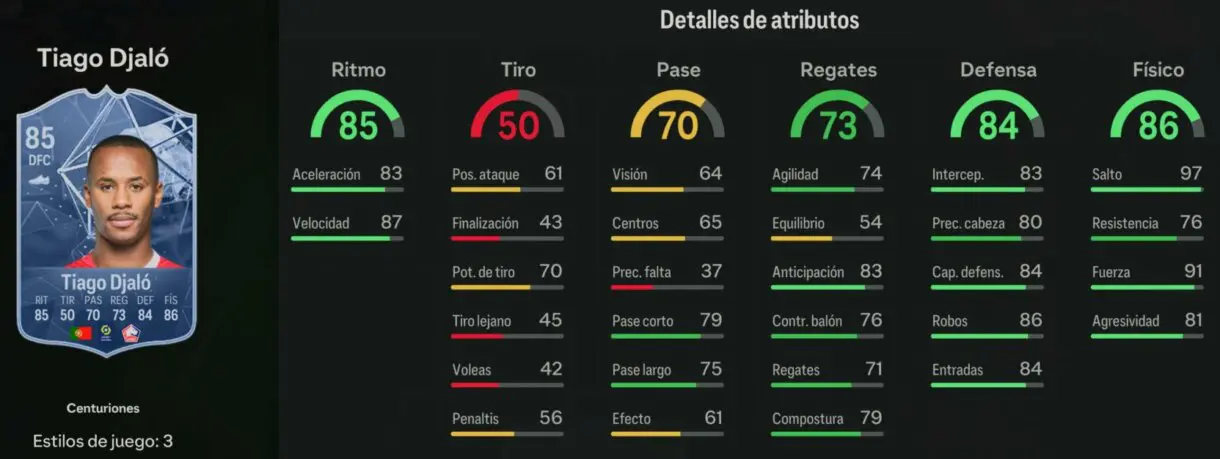 Stats in game Djaló Centuriones EA Sports FC 24 Ultimate Team