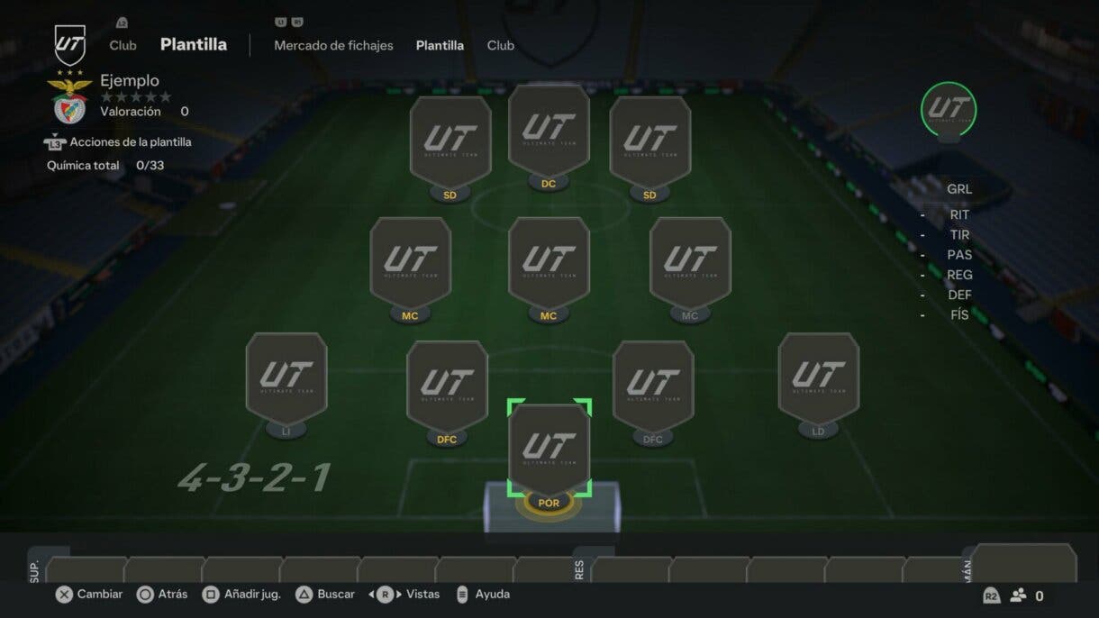 Plantilla EA Sports FC 24 Ultimate Team vacía con la formación 4-2-2-2