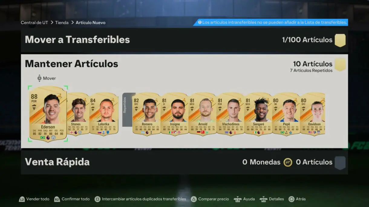 Artículos sin almacenar cartas oro Ederson, Stones, Lobotka, Romero, Insigne, Arnold, Vlachodimos, Sangaré, Pepe y Davidson EA Sports FC 24 Ultimate Team