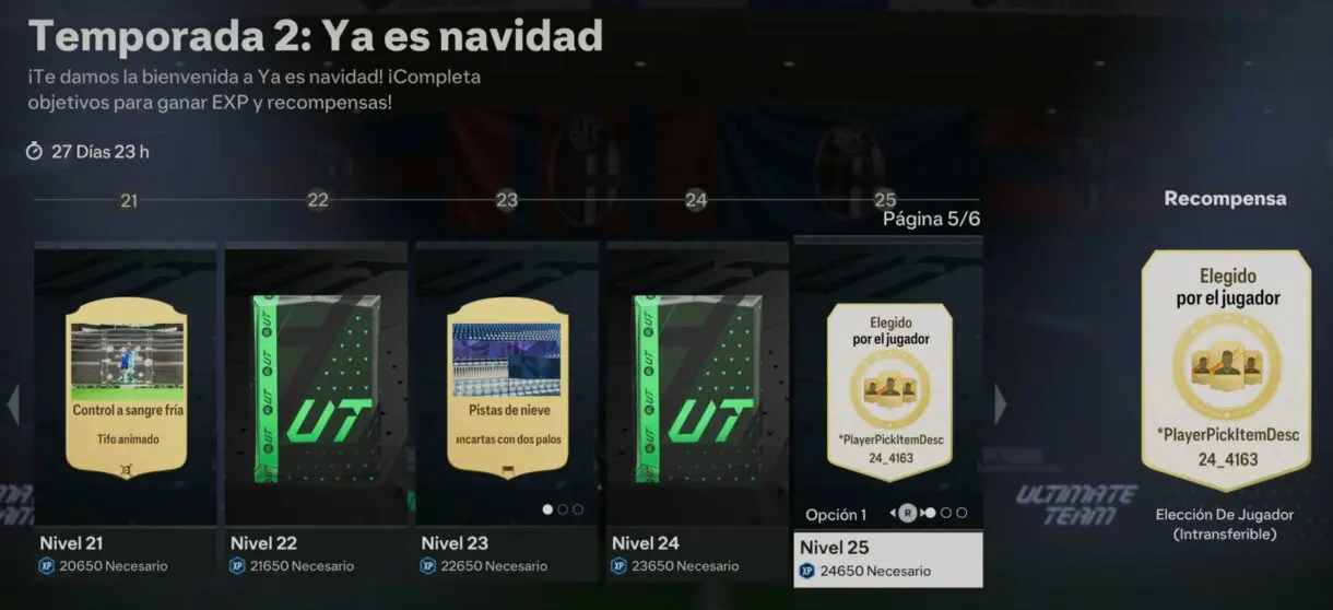 Parte del pase de temporada de Ya es navidad mostrando el player pick del nivel 25 EA Sports FC 24 Ultimate Team