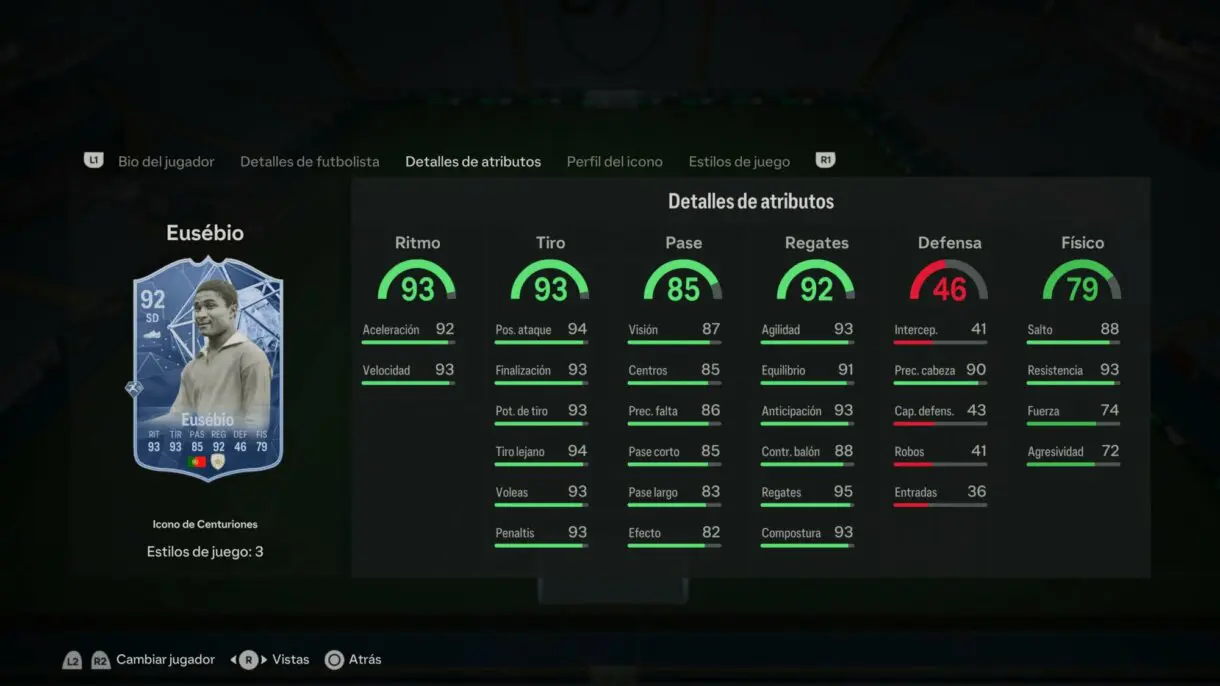 Stats in game Eusébio Icono Centuriones EA Sports FC 24 Ultimate Team