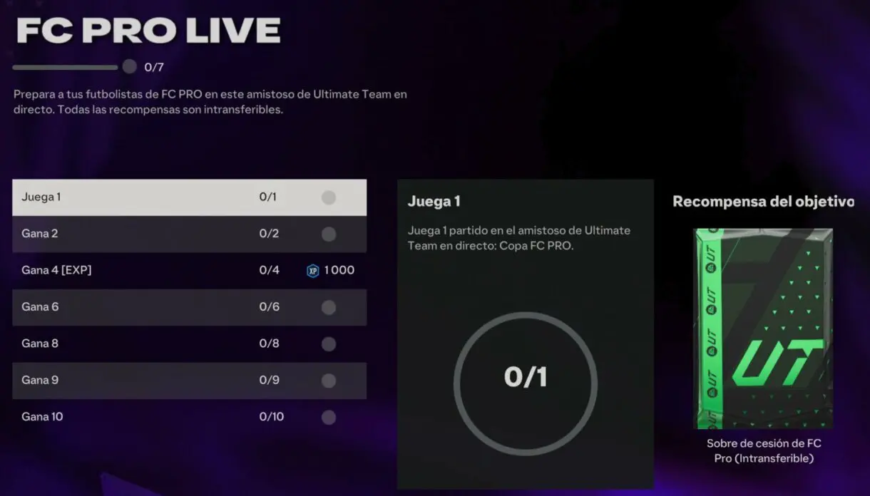 Objetivos COPA FC PRO LIVE mostrando descripción objetivo Juega 1 EA Sports FC 24 Ultimate Team