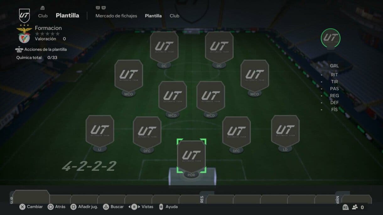 Plantillas EA Sports FC 24 Ultimate Team vacía con la formación 4-2-2-2