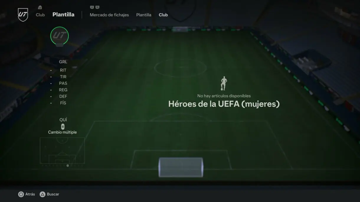Mensaje de no hay artículos disponibles al buscar Héroes de la UEFA (mujeres) entre las cartas conceptuales de EA Sports FC 24 Ultimate Team