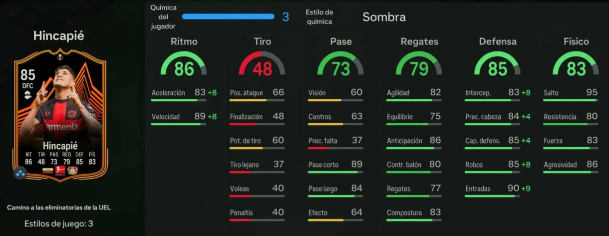 Stats in game Hincapié RTTK 85 EA Sports FC 24 Ultimate Team