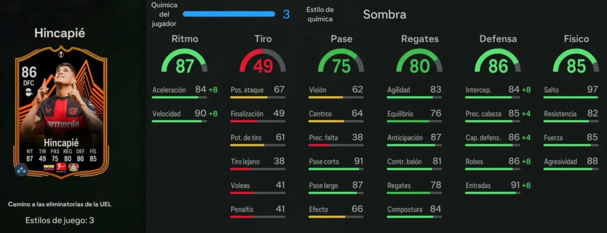 Stats in game Hincapié RTTK 86 EA Sports FC 24 Ultimate Team