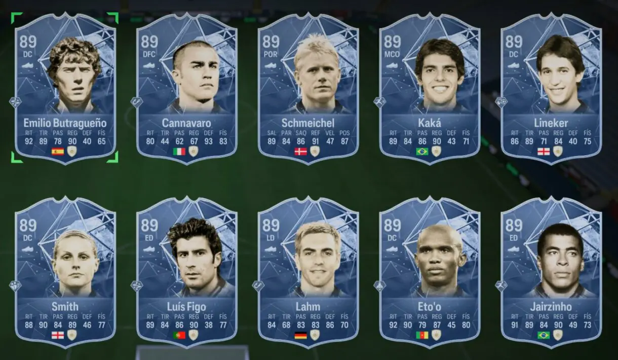 Cartas Icono básico Butragueño, Cannavaro, Schmeichel, Kaká, Lineker, Smith, Figo, Eto´o y Jairzinho EA Sports FC 24 Ultimate Team